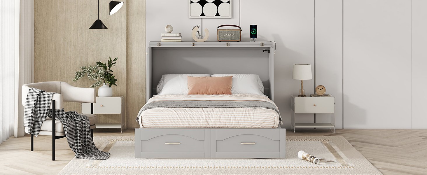 Full Size Murphy Wall Bed With Drawer And A Set Of Sockets & USB Ports, Pulley Structure Design - Gray - Image 16