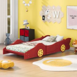 Twin Size Platform Bed Race Car Shaped With Wheels - Red