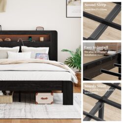 Full Size Platform Bed Frame With Storage LED Light Headboard And USB Ports - Black