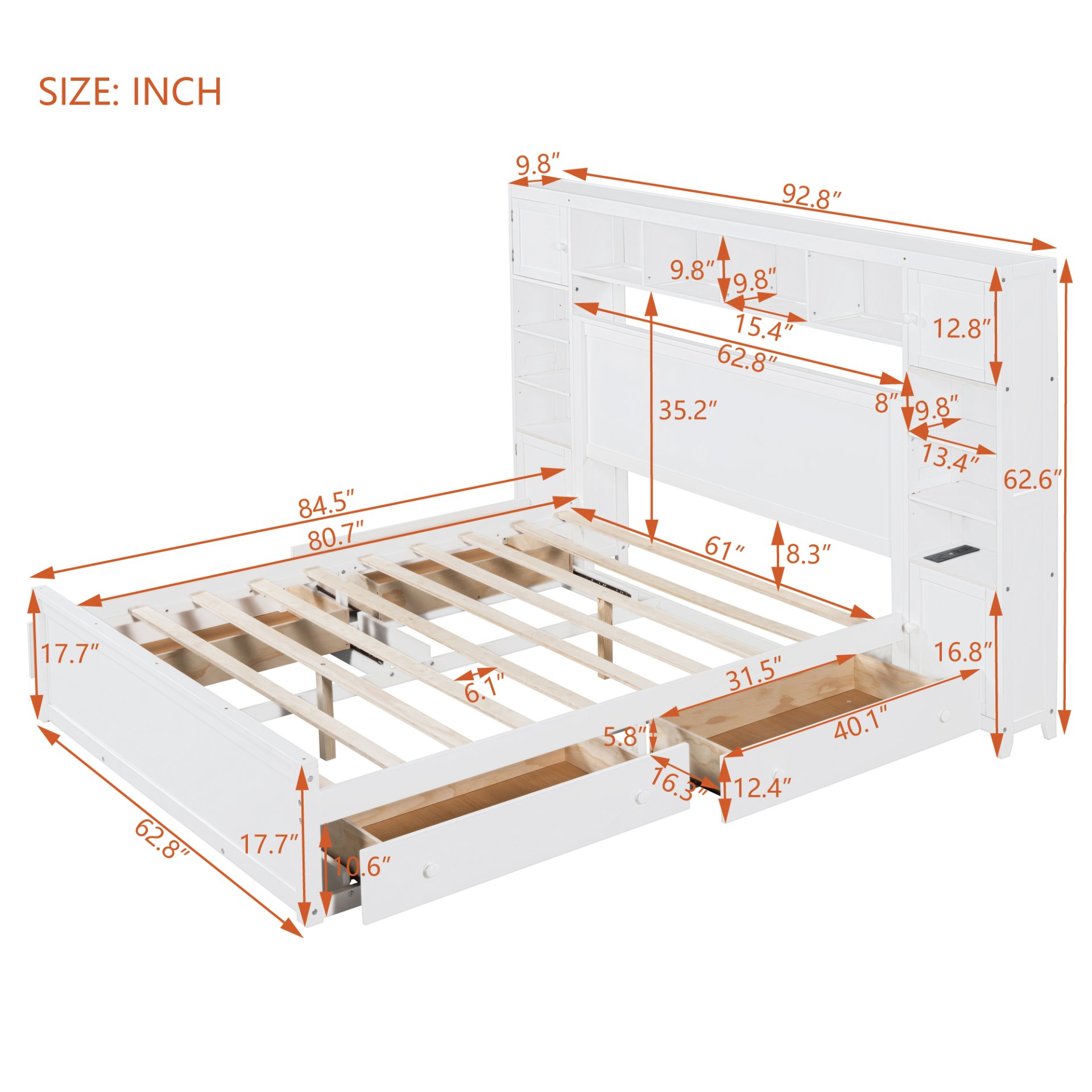 Queen Size Bed With All In One Cabinet, Shelf And Sockets - White - Image 9