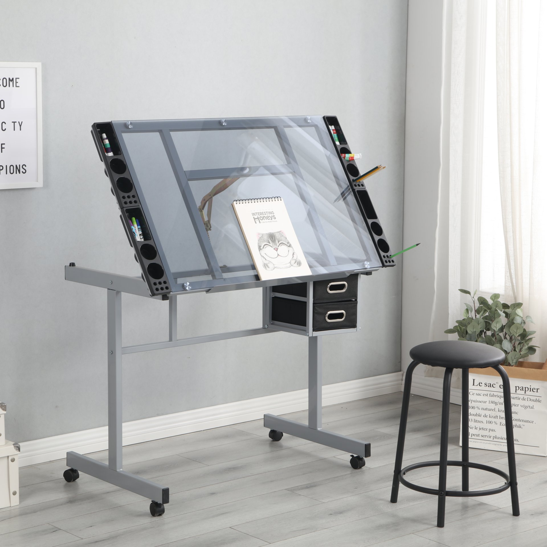 Adjustable Art Drawing Desk Craft Station Drafting With 2 Non-Woven Fabric Slide Drawers And 4 Wheels - Silver - Image 4