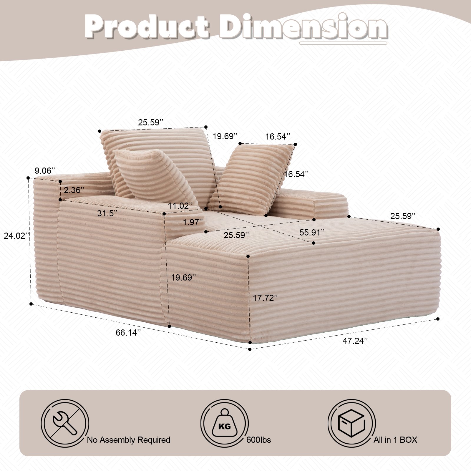 Oversized Chaise Lounge Chair Cozy Cloud Couch, Plush Corduroy Upholstered Sleeper Sofa Daybed With 3 Throw Pillows And Wide Armrest For Living Room - Beige - Image 3