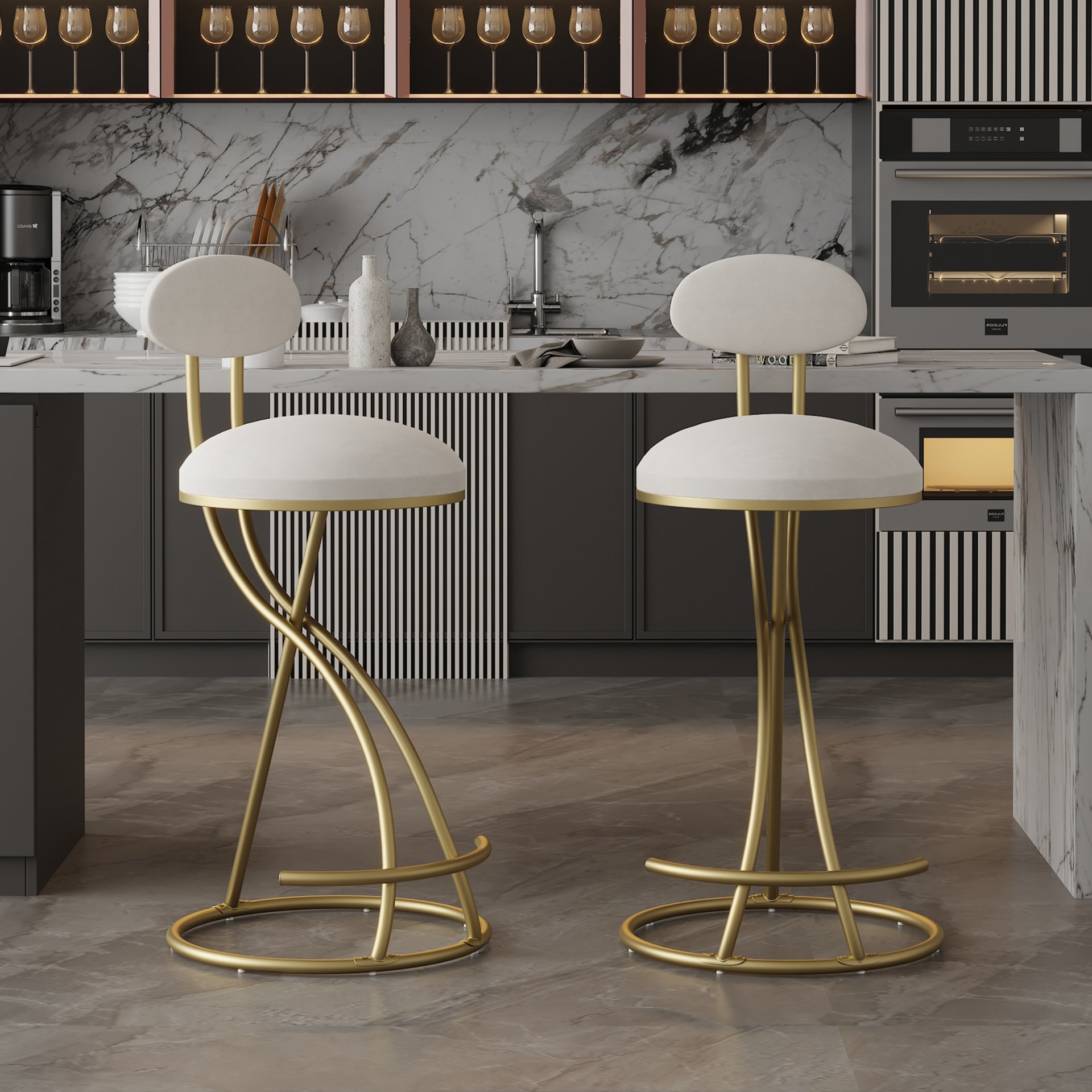 Round Bar Stool Armless Velvet Barstools With Back (Set of 2) Upholstered Counter Chair For Dining Room, Kitchen Island - Gold / Creamy White - Image 2