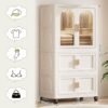 Side Wide Folding Wardrobe, With Magnetic Door, Plastic Storage Cabinet With Wheels (1 Layer Of Wardrobe + 2 Layers Of Folding Boxes + 10 Hangers) - Cream White - Image 7