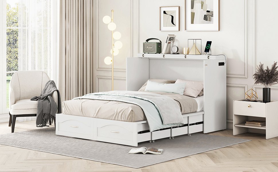 Full Size Murphy Wall Bed With Drawer And A Set Of Sockets & USB Ports, Pulley Structure Design - White - Image 12