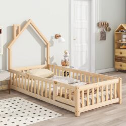 Twin House-Shaped Headboard Floor Bed With Fence - Natural
