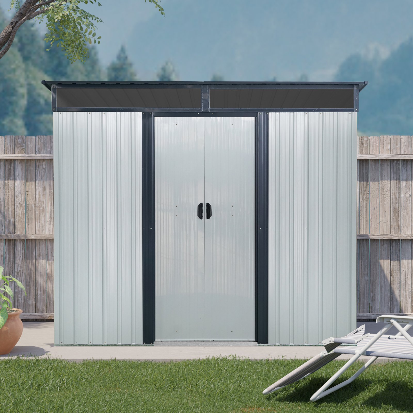 8Ft X 6Ft Outdoor Metal Storage With Lockable Sliding Doors And Transparent Plate For Garden, Lawn - White / Black - Image 3