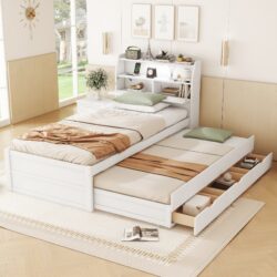 Twin Size LED Platform Bed With Trundle With Storage Headboard With Drawers - White