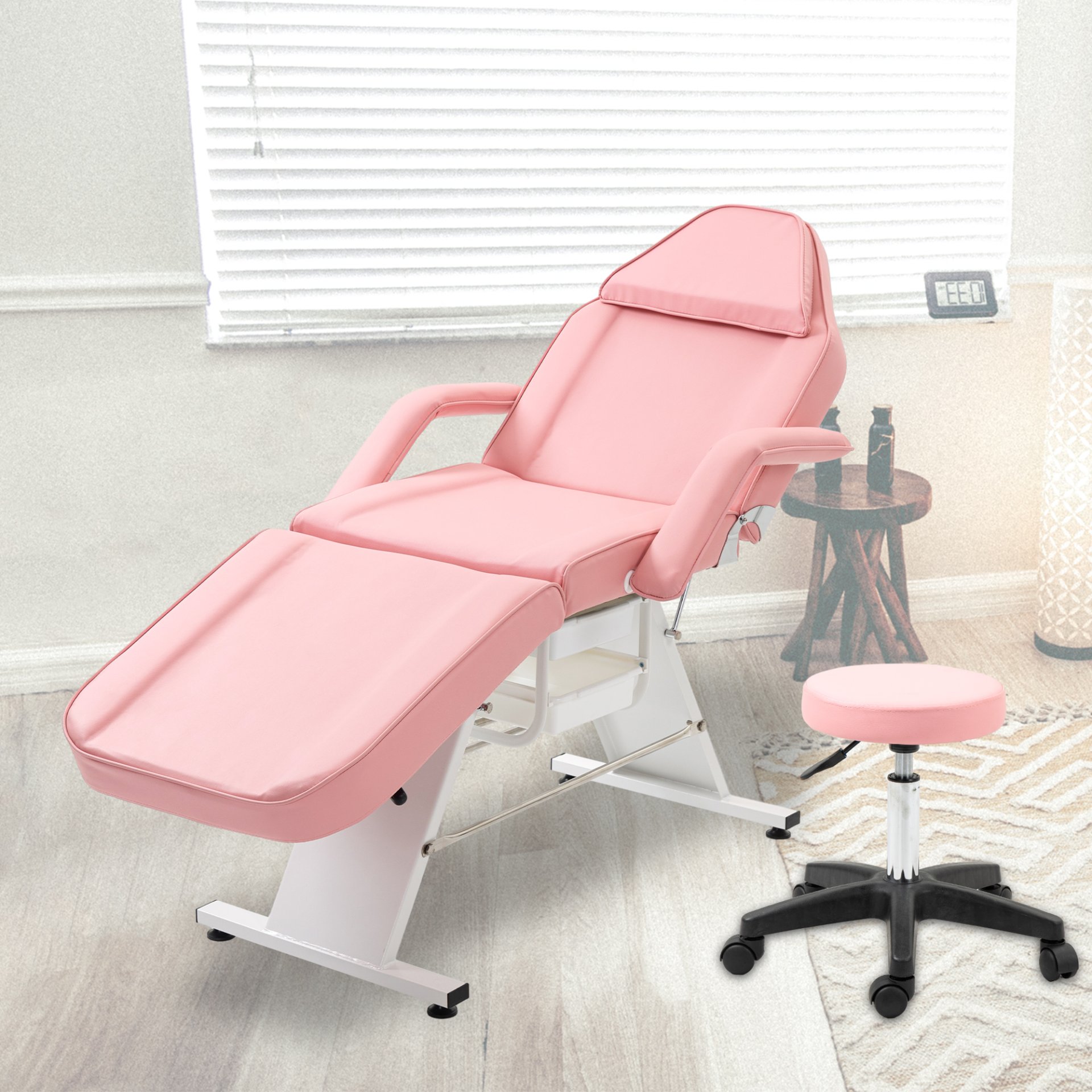 Massage Salon Tattoo Chair With Two Trays Esthetician Bed With Hydraulic Stool, Multi-Purpose 3-Section Facial Bed Table, Adjustable Beauty Barber Spa Beauty Equipment - Pink - Image 8