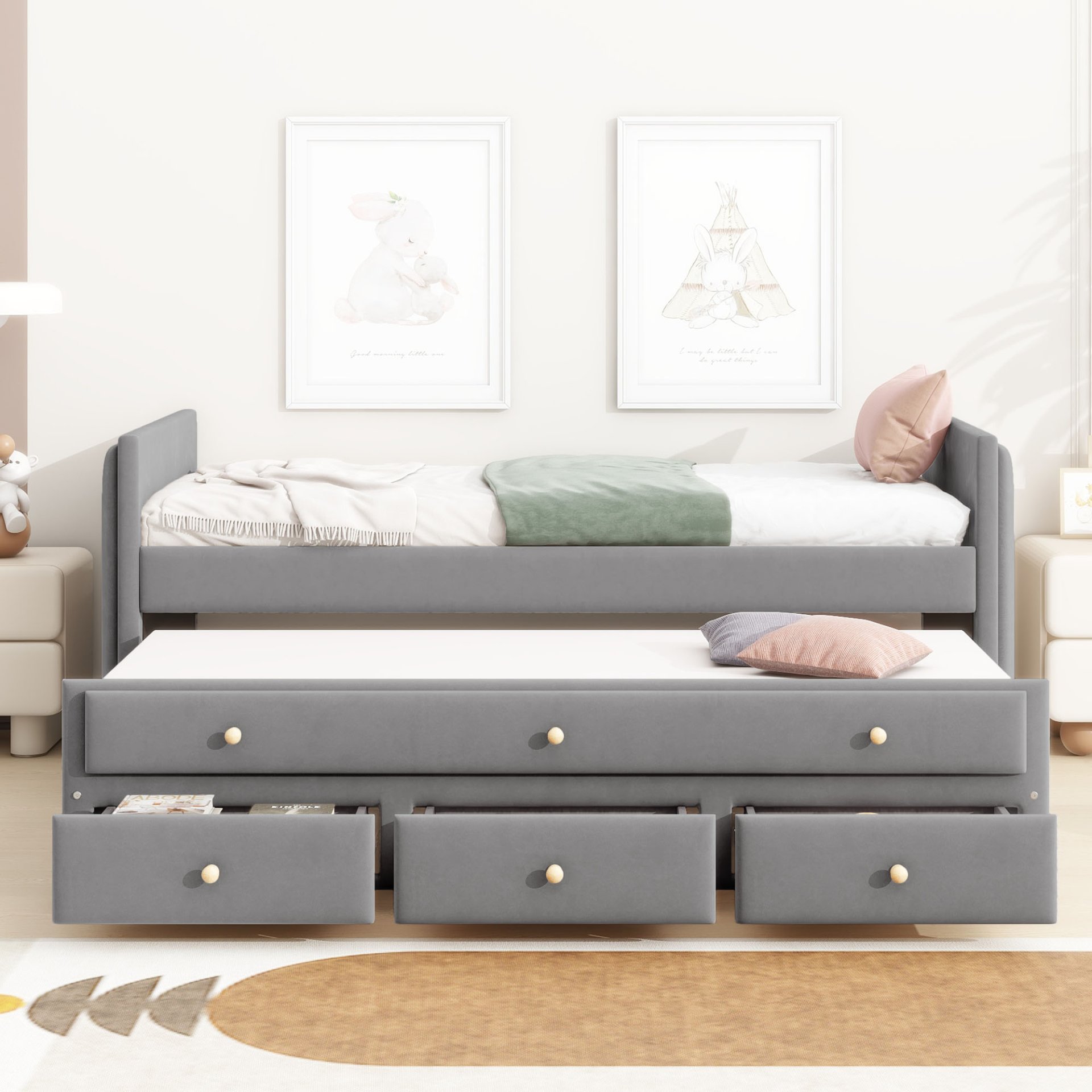 Twin Size Upholstered Daybed With Twin Size Trundle And Drawers - Gray - Image 2