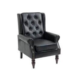 Modern Accent Armchair With Sturdy Wood Legs Leather For Living Room Or Bedroom - Black