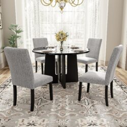 5 Piece Round Dining Table Set, Modern Dining Table And 4 Upholstered Chairs For Dining Room, Kitchen Room, Living Room - Gray / Black