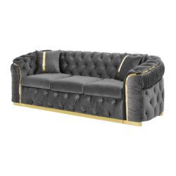 Velvet Button Tufted Sofa Couch With 2 Pillows 3 Seater Luxury Chesterfield Sofa Set With Stainless Steel Accents For Living Room - Gray