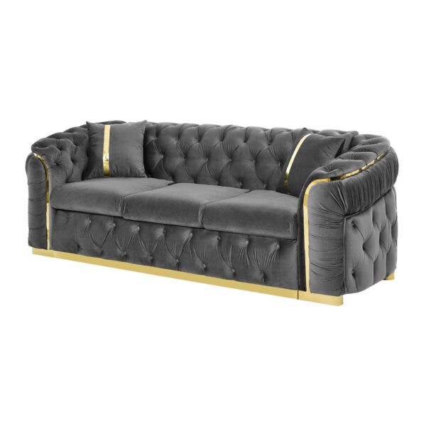 Velvet Button Tufted Sofa Couch With 2 Pillows 3 Seater Luxury Chesterfield Sofa Set With Stainless Steel Accents For Living Room - Gray