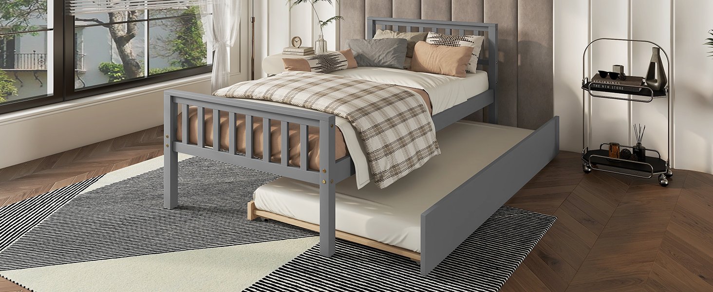 Twin Bed With Trundle, Platform Bed Frame With Headboard And Footboard, For Bedroom Small Living Space, No Box Spring Needed - Gray - Image 8