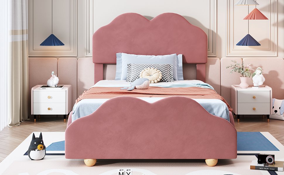 Twin Size Upholstered Platform Bed With Cloud Shaped Board - Dark Pink - Image 11