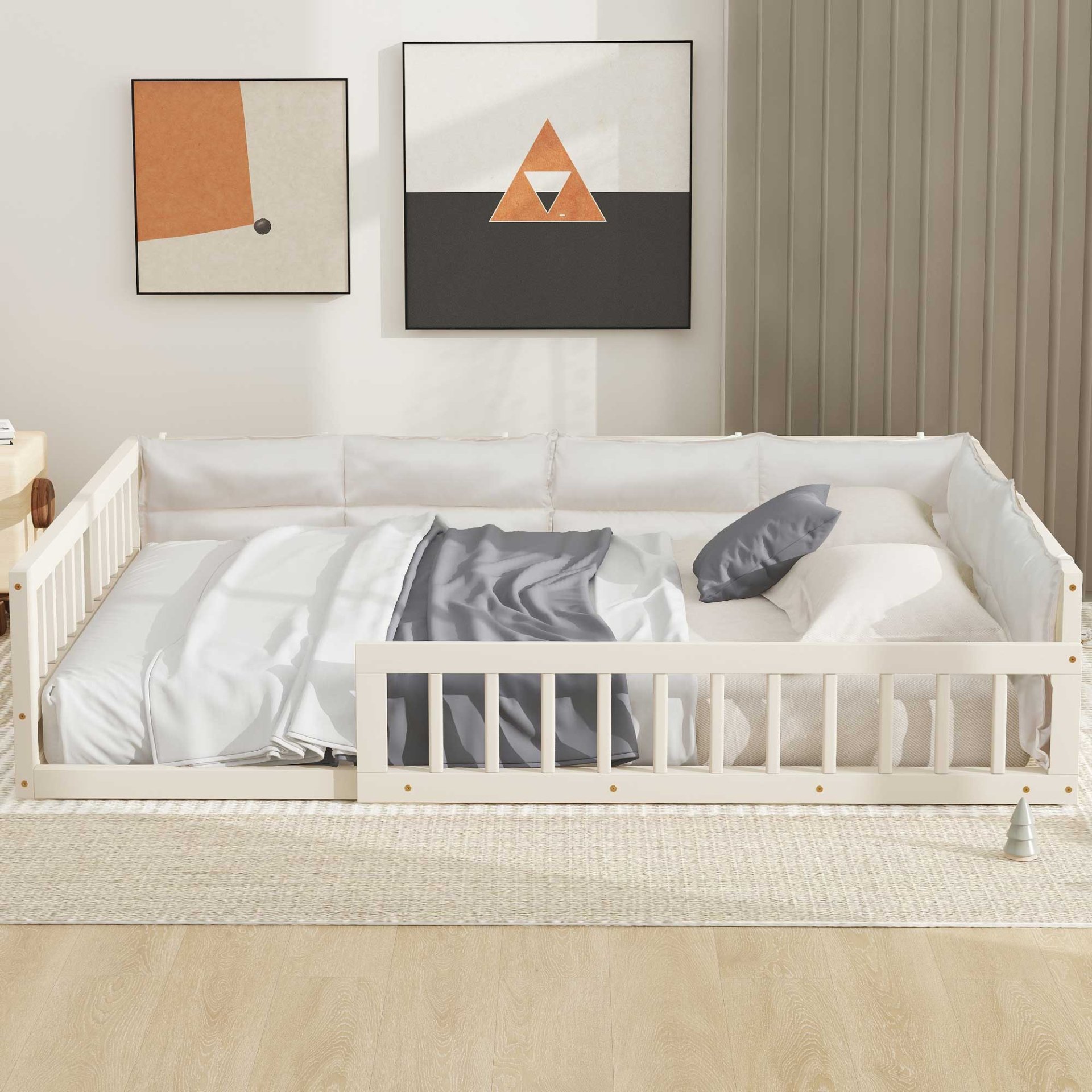 Wood Full Size Upholstered Platform Bed With Guardrail And Pillow - Beige - Image 4