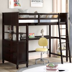 Twin Size Loft Bed With Drawers And Desk, With Shelves - Espresso
