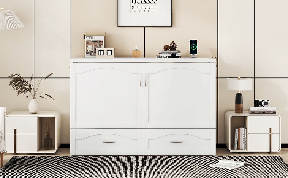 Queen Size Murphy Wall Bed With Drawer And A Set Of Sockets & USB Ports, Pulley Structure Design - White - Image 24