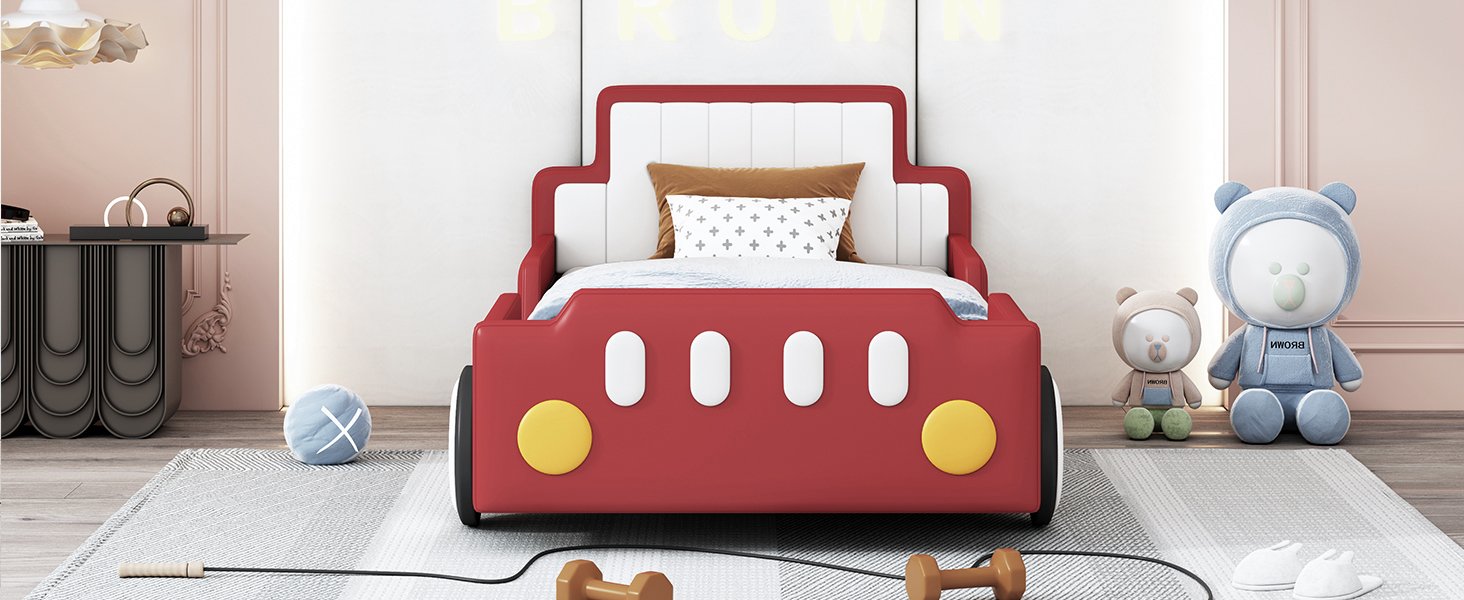 Twin Size Race Car Shaped Platform Bed & Wheels - Red - Image 14