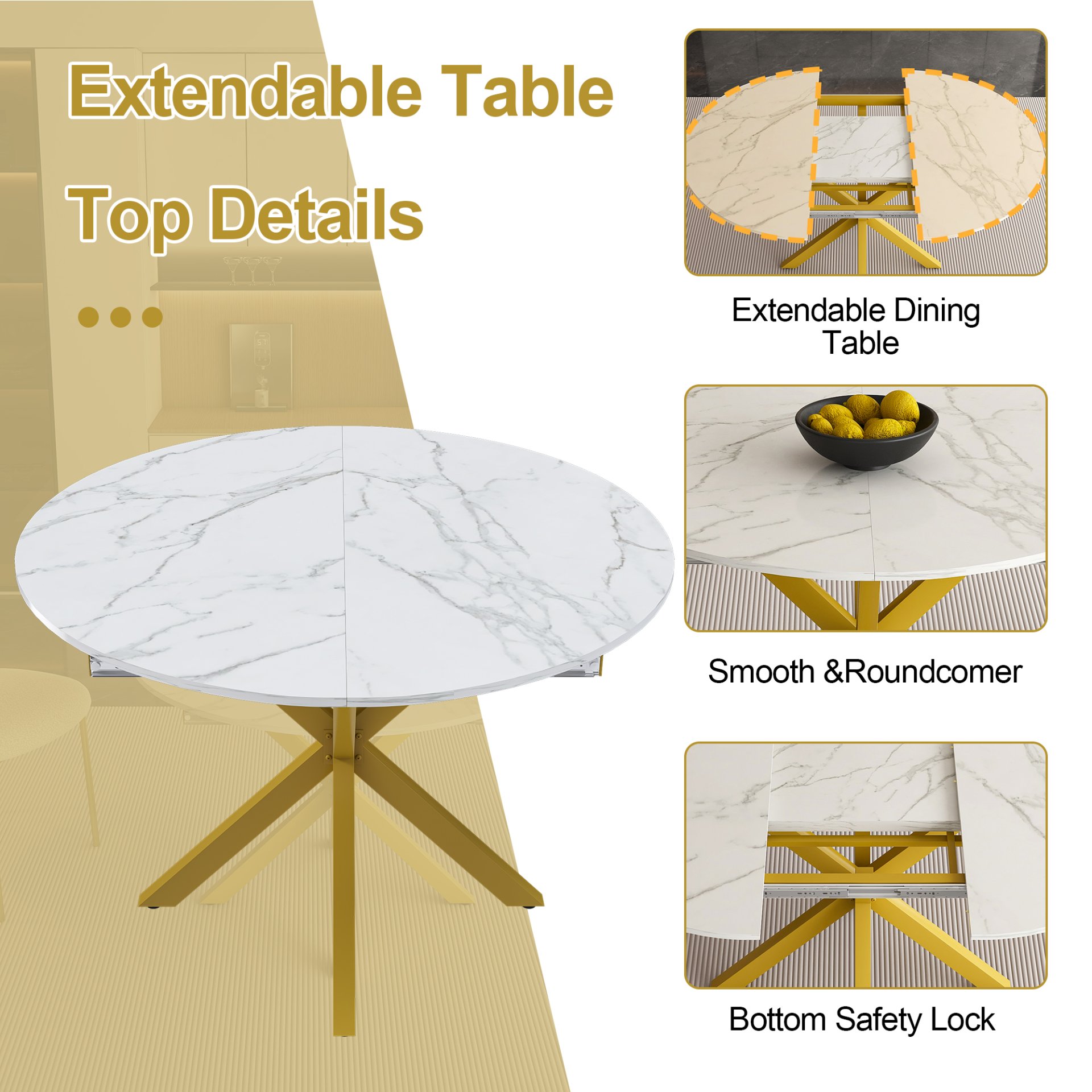 Round Dining Table With Extendable Blades, X Base, Fits 4 - 6 People - White - Image 13