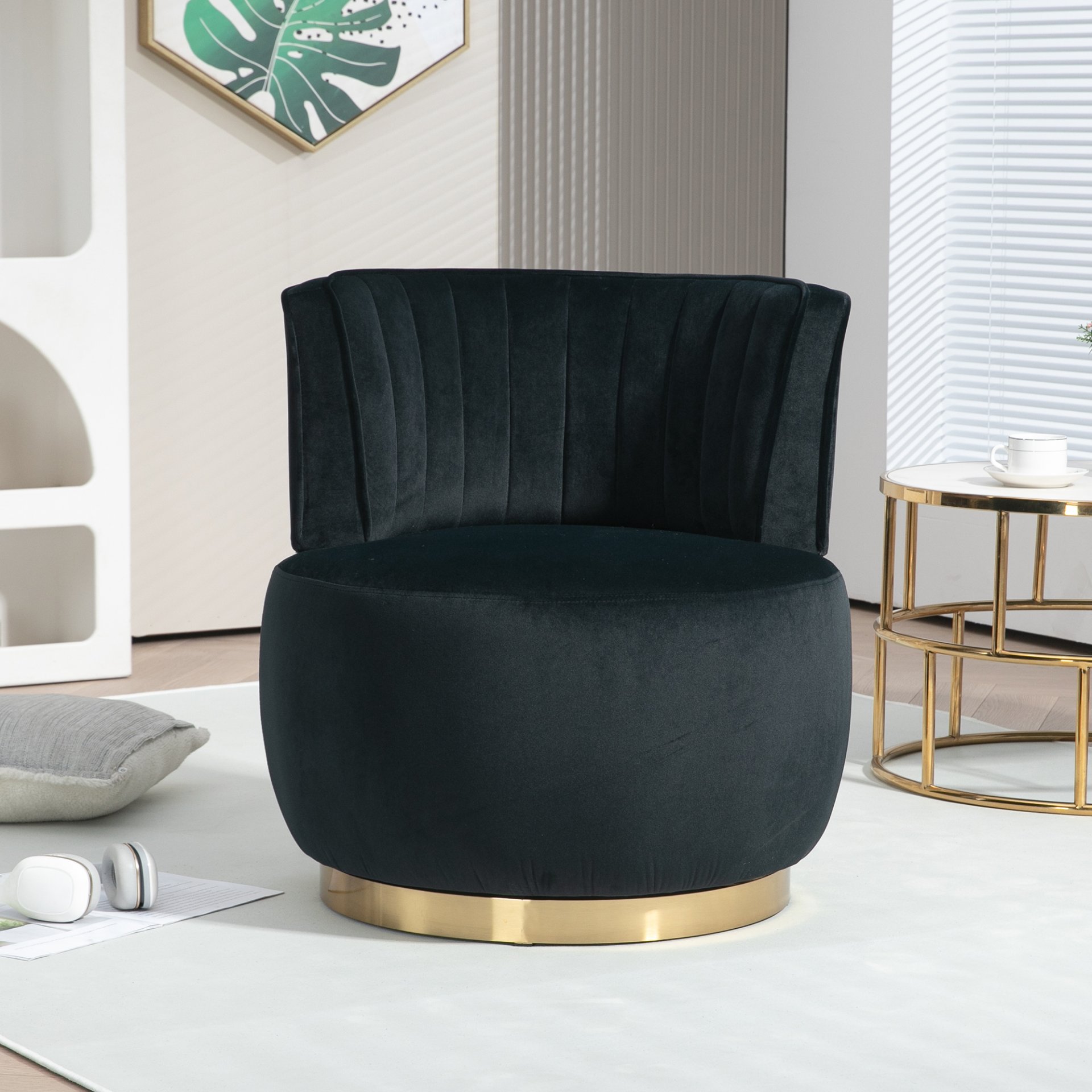 Coolmore - Swivel Barrel Chair, 360 Degree Round Armchair With Fluffy Velvet Upholstery For Living Room, Bedroom, Office - Black - Image 4