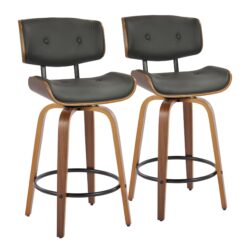 Lombardi - Mid-Century Modern Fixed Height Counter Stool With Swivel With Round Footrest (Set of 2) - Walnut / Gray