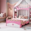 Castle Shaped Bed With Storage Shelf, Dreamy Twin Size Platform Bed For Kids Bedroom - White / Pink - Image 12