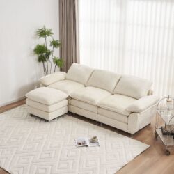 Modern Deep 3 Seat Sofa Couch With Ottoman, Polyester Sofa Sleeper Comfy Upholstered Furniture For Living Room - Beige