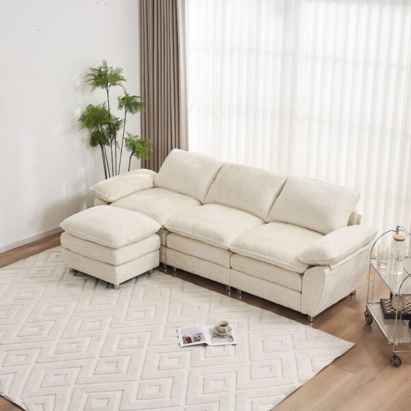 Modern Deep 3 Seat Sofa Couch With Ottoman, Polyester Sofa Sleeper Comfy Upholstered Furniture For Living Room - Beige