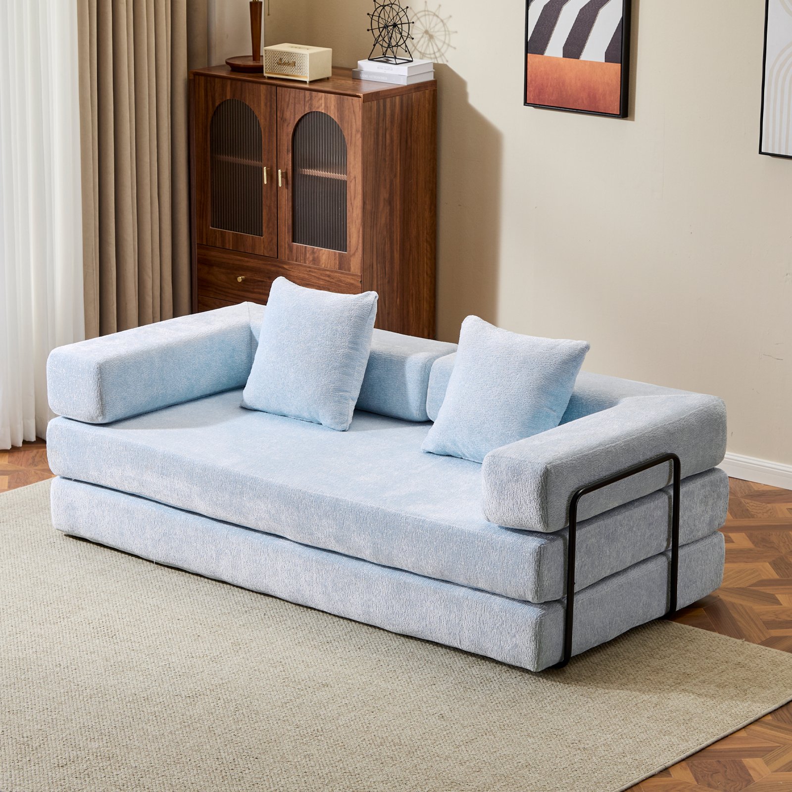 Floor Couch, Compression Sofa, Convertible Floor Sofa Bed With Pillow Back Support Armrest - Light Blue - Image 4