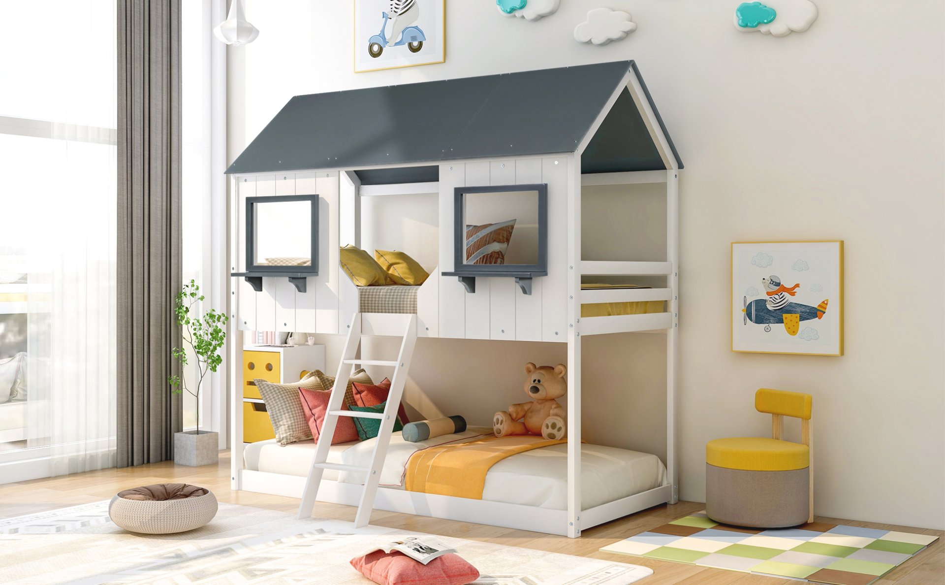 Twin Over Twin Bunk Bed Bed With Roof, Window, Guardrail, Ladder - White - Image 13