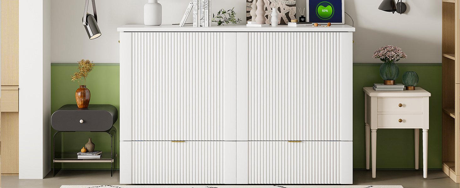 Full Size Murphy Bed With Drawer And A Set Of Sockets & USB Ports, Pulley Structure Design - White - Image 22