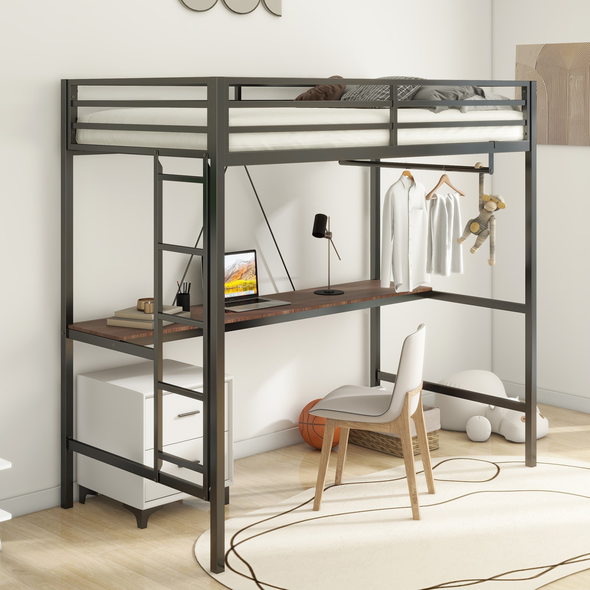 Adam - Twin Loft Bunk Bed With Cinnamon Wood Desk And Closet Rod - Black - Image 2