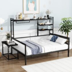 Full Size Daybed With Movable Desk, Grid, Shelves And Clothes Hanger - Black