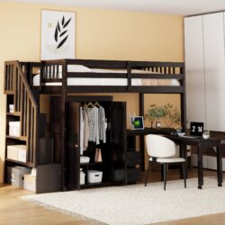 Twin Size Loft Bed With Stairs, Bookshelf, Drawers, Desk & Wardrobe, Space Saving Multifunctional Furniture - Espresso