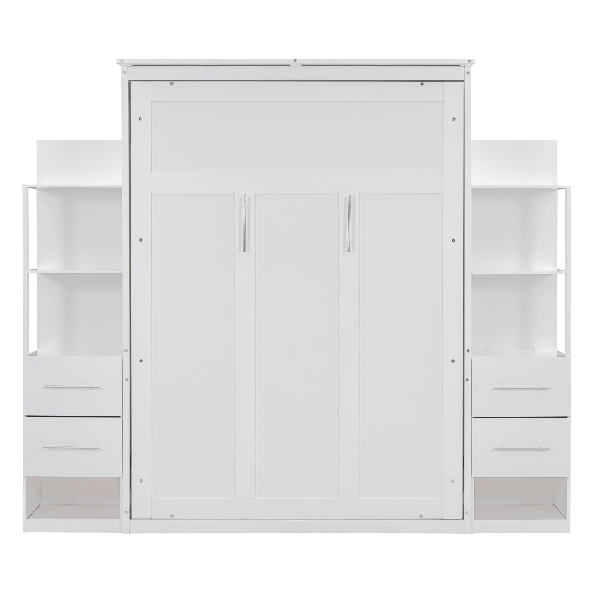 Full Size Murphy Wall Bed With Shelves, Drawers And LED Lights - White - Image 12