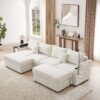 Modern Style 4 Seater Sofa Sectional Sofa Couch With Storage Space, Two Movable Ottomans, Two USB Ports, Two Cup Holders, A Phone Holder For Living Room - Beige - Image 14