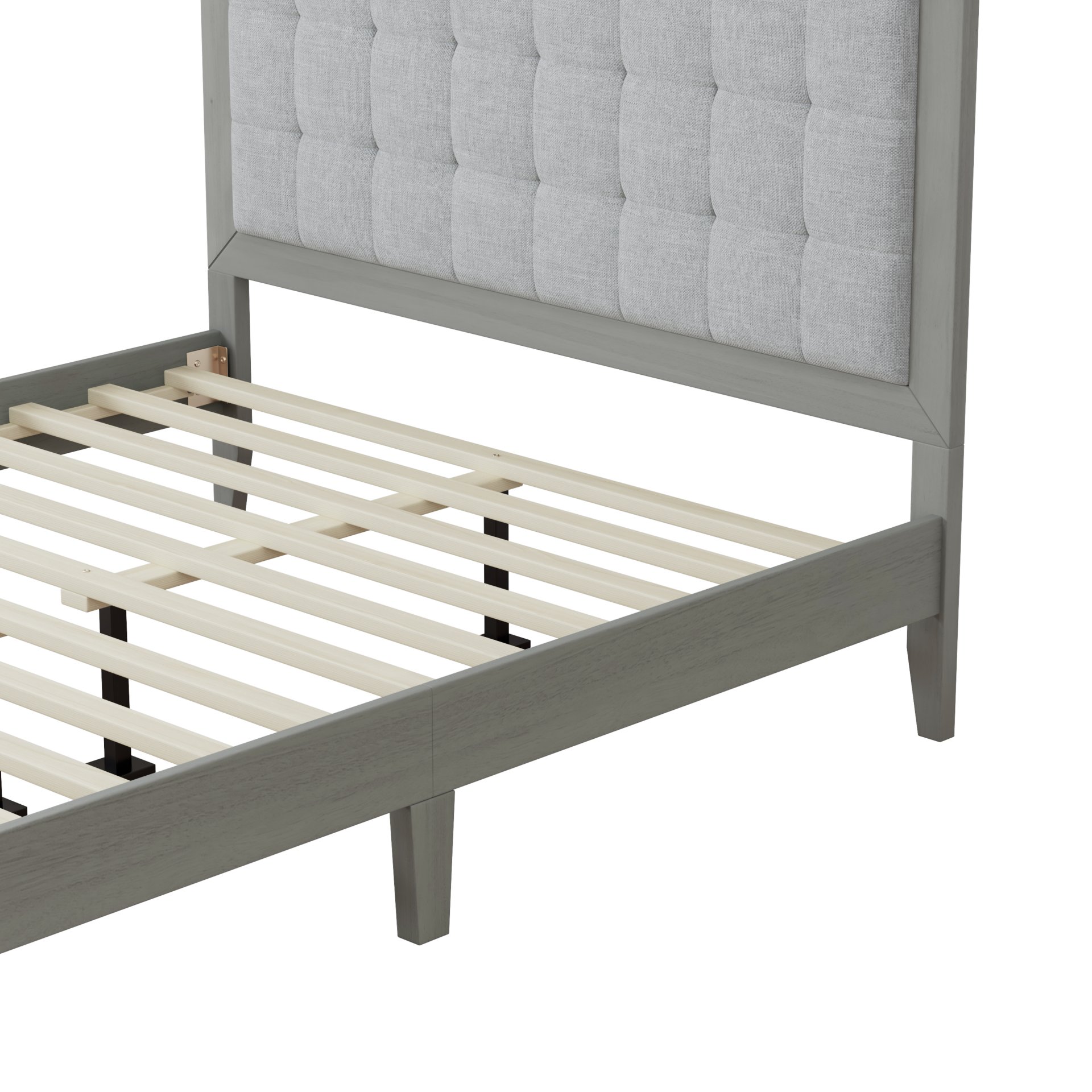 Queen Size Mid Century Modern Solid Wood Platform Bed With Upholstered Headboard - Gray - Image 6
