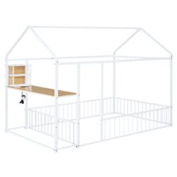 Full Size Bed House Frame With Desk, Shelves, Power Outlets And USB Ports - White