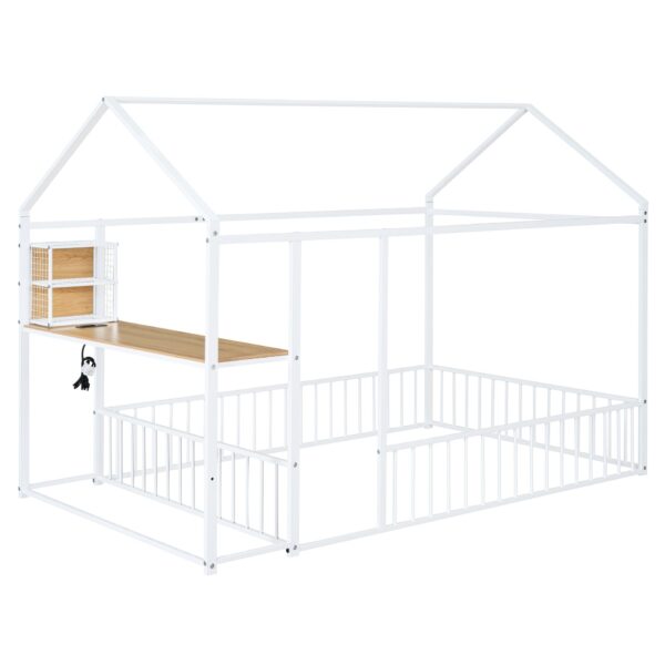 Full Size Bed House Frame With Desk, Shelves, Power Outlets And USB Ports - White