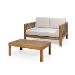 Outdoor Patio Set With Coffee Table And Loveseat - Teak / Beige