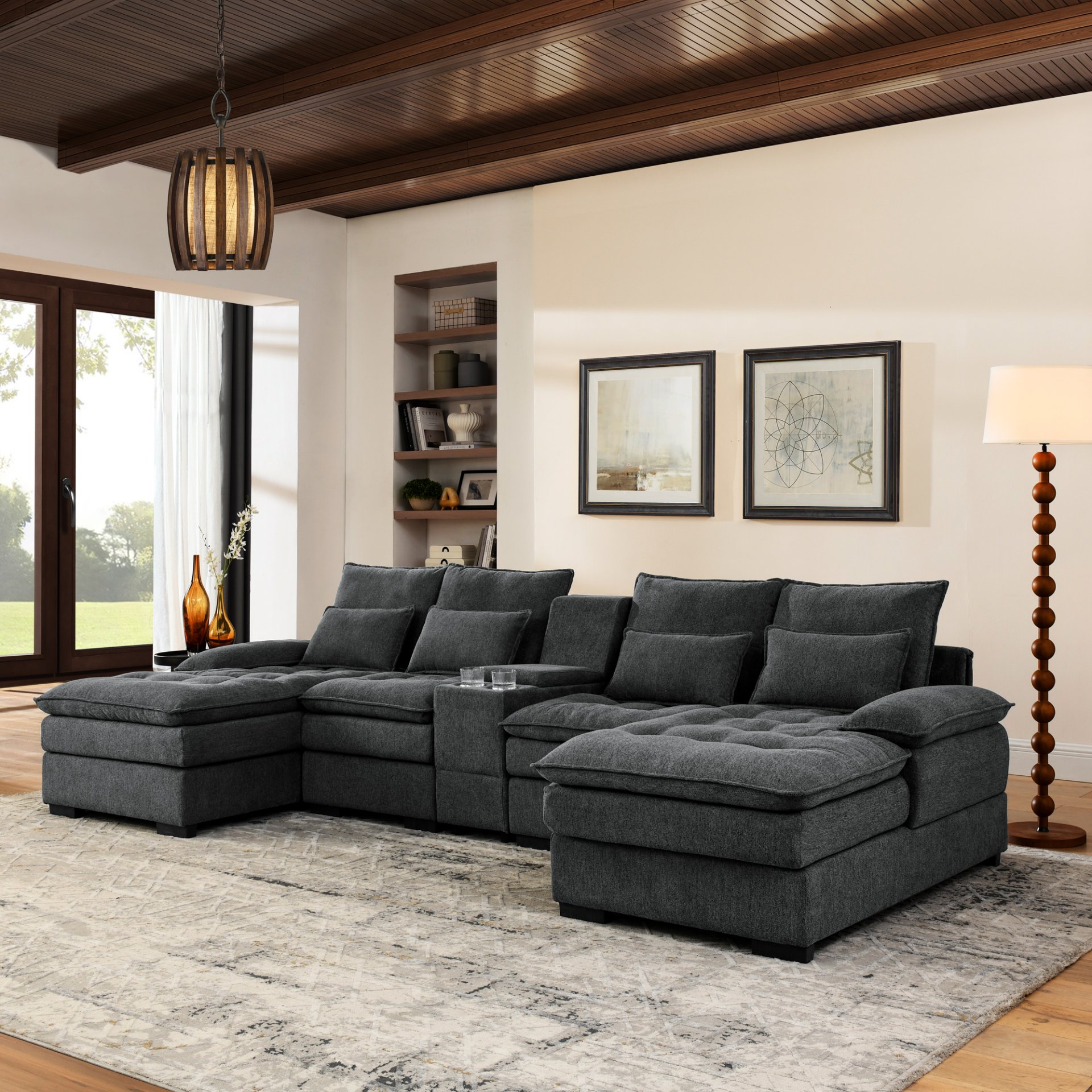 U Shaped Sofa With Console And Cupholders, 6 Seat Upholstered Sleeper Couch Set - Gray - Image 2
