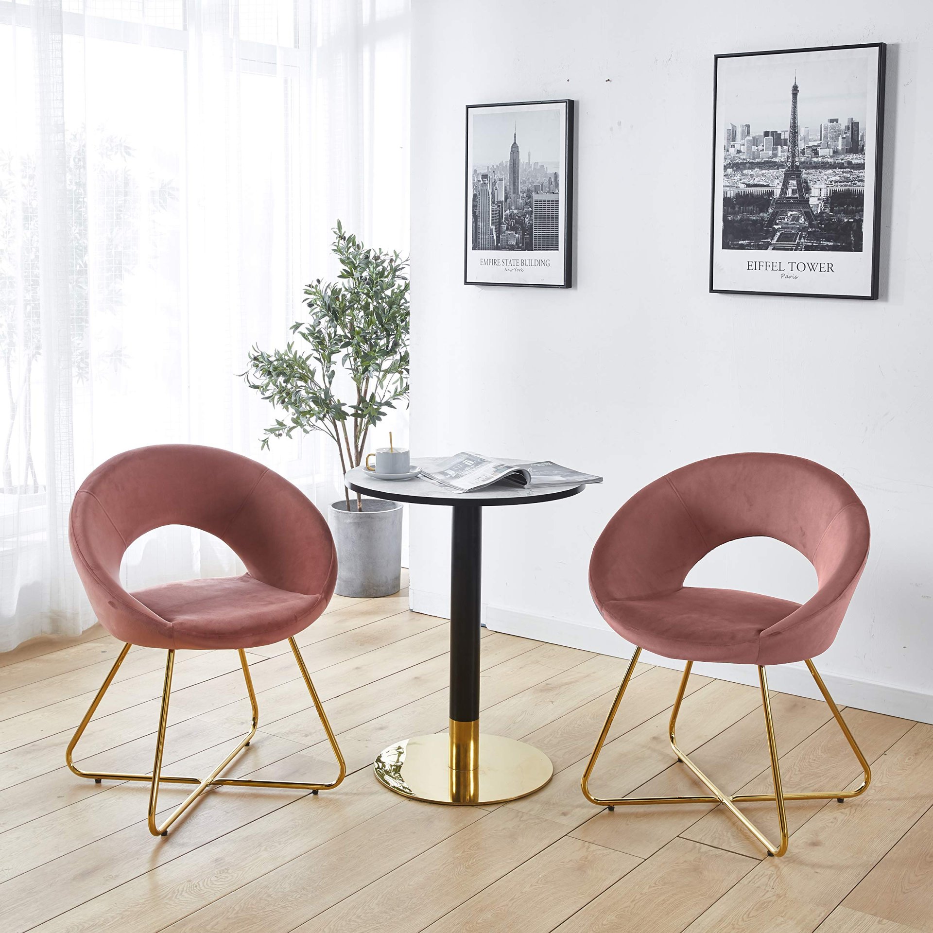 Modern Accent Velvet Chair, Comfy Upholstered Arm Chair Living Room Furniture Mid-Century Leisure Chair With Metal Frame Legs - Pink - Image 2