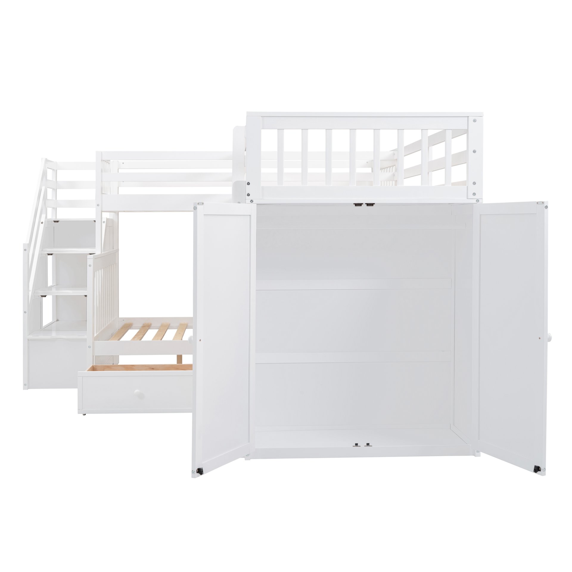 Twin Twin Over Full L Shaped Bunk Bed With 3 Drawers, Portable Desk And Wardrobe - White - Image 11