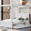 Full Size Canopy Platform Bed 2 Drawers With Support Slats, No Box Spring Needed - Brushed White - Image 12