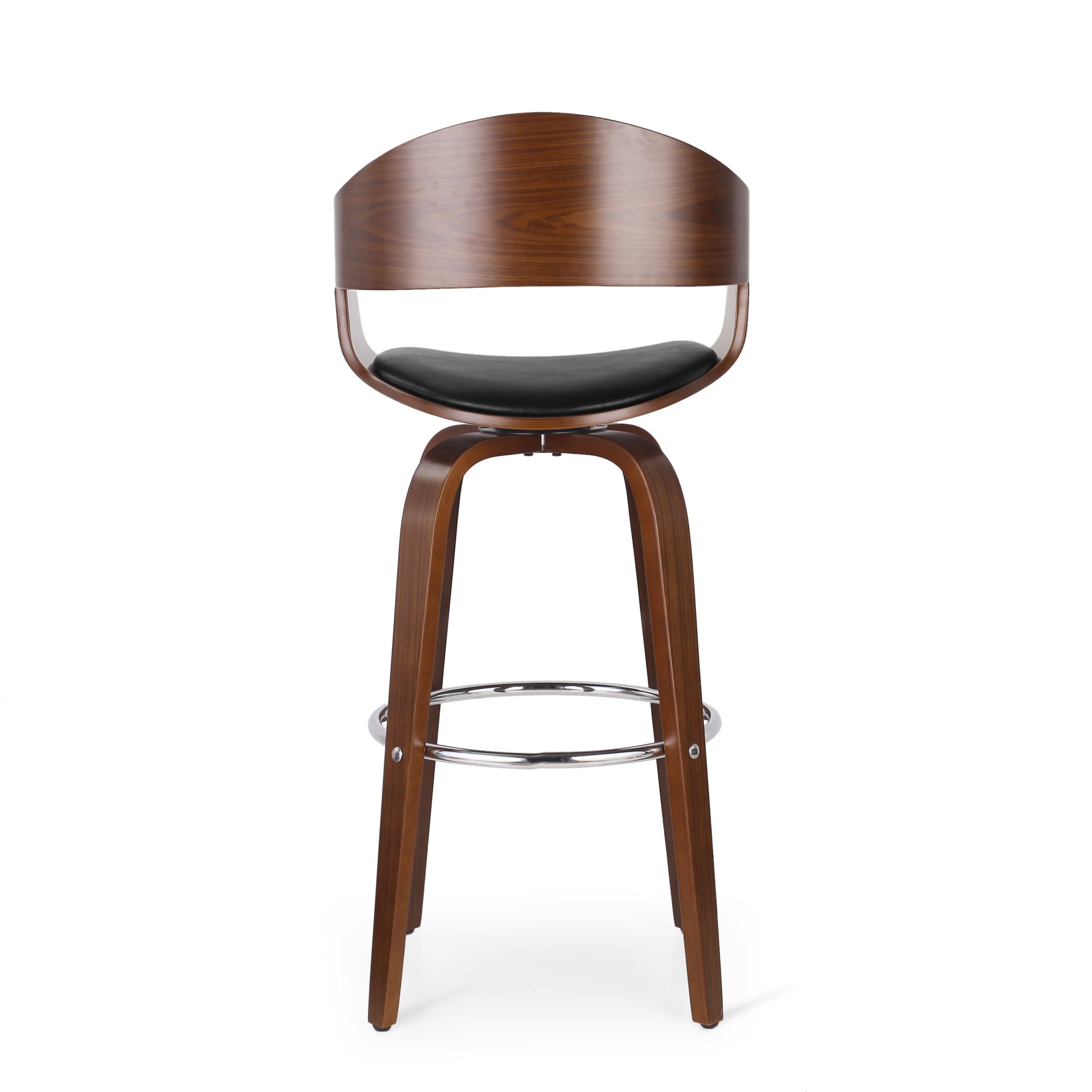 Upholstered Swivel Barstool With Wood Frame / Chrome Footrest - Walnut / Black - Image 8
