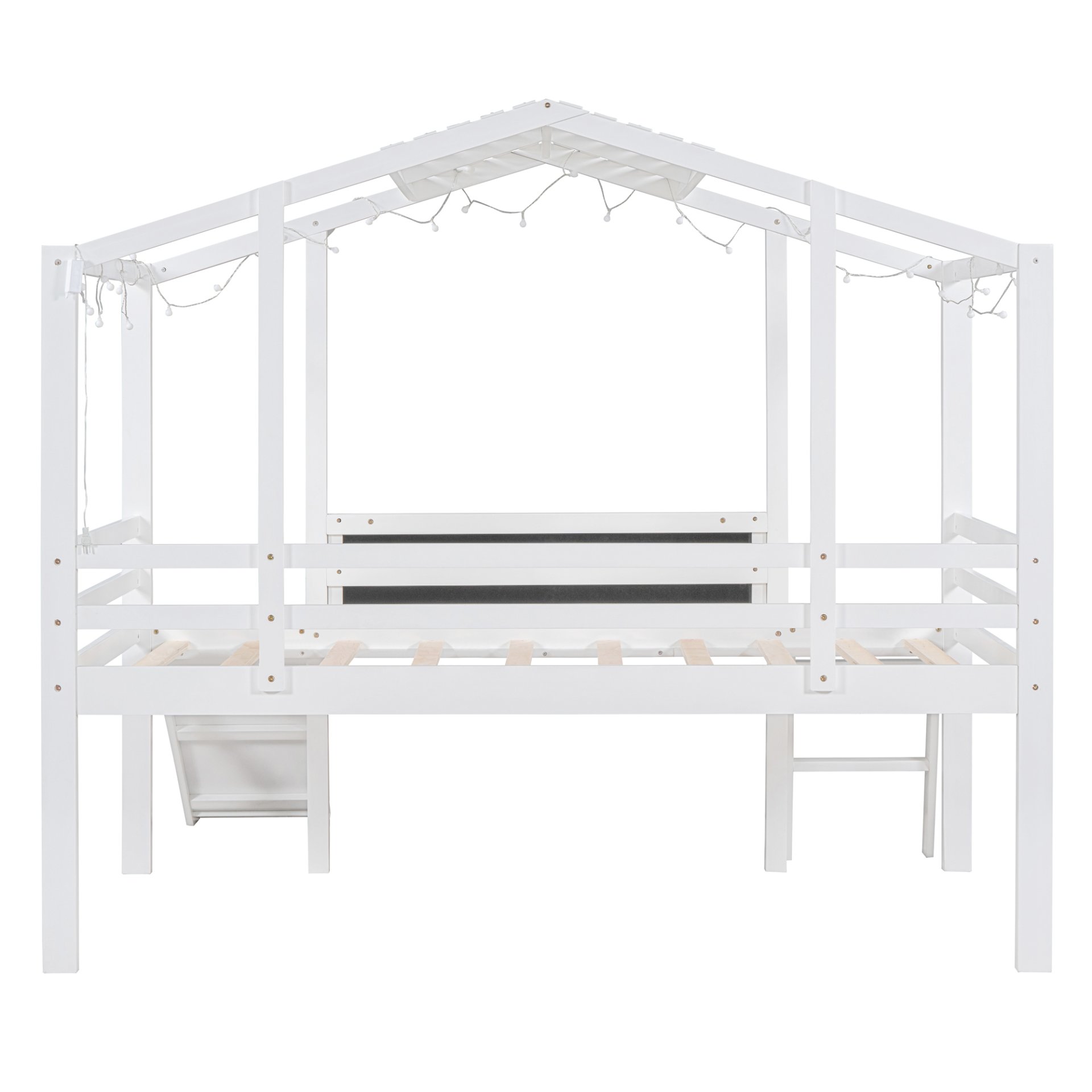 Twin Size Loft House Bed With Ladder And Slide, With Blackboard And Light Strip On The Roof - White - Image 12