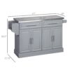 Homcom - Rolling Kitchen Island With Storage, Portable Kitchen Cart With Stainless Steel Top, 2 Drawers, Spice, Knife And Towel Rack And Cabinets - Gray - Image 3