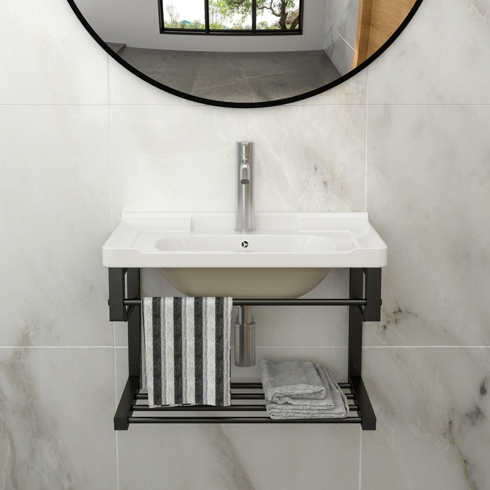 Wall Mounted Rectangular Bathroom Sink With Towel Bar & Overflow - White - Image 4